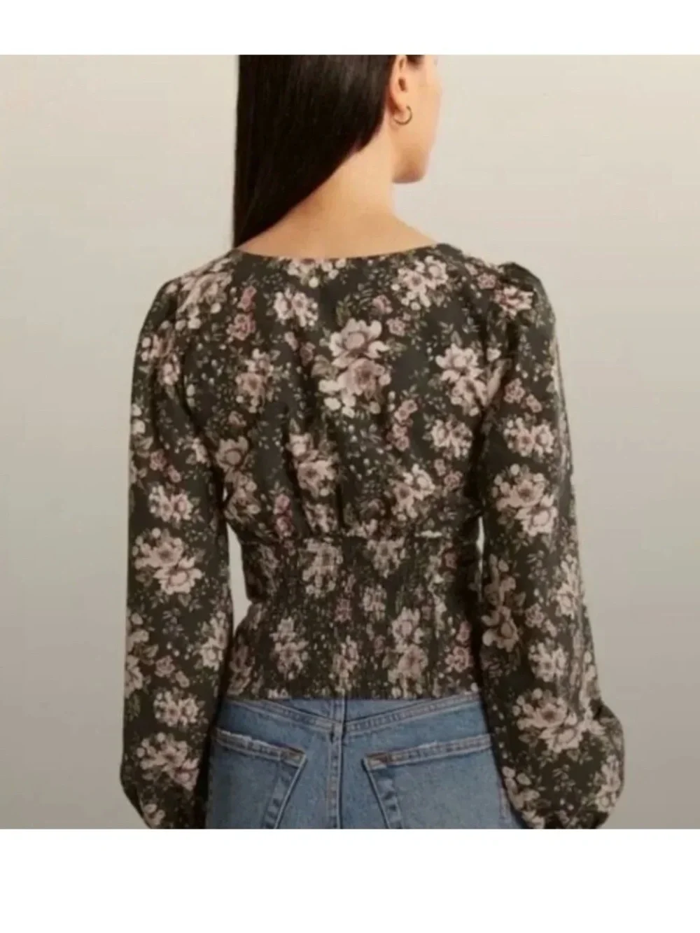Abercrombie & Fitch Black Floral Square-Neck Puff Sleeve Top Size Medium